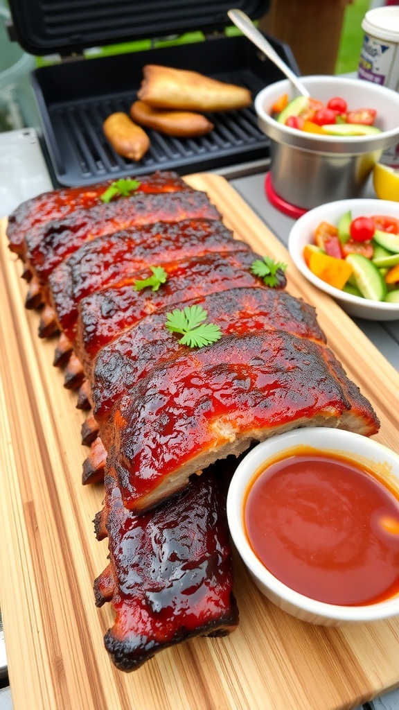 BBQ seasoned ribs on a wooden platter with parsley and BBQ sauce.
